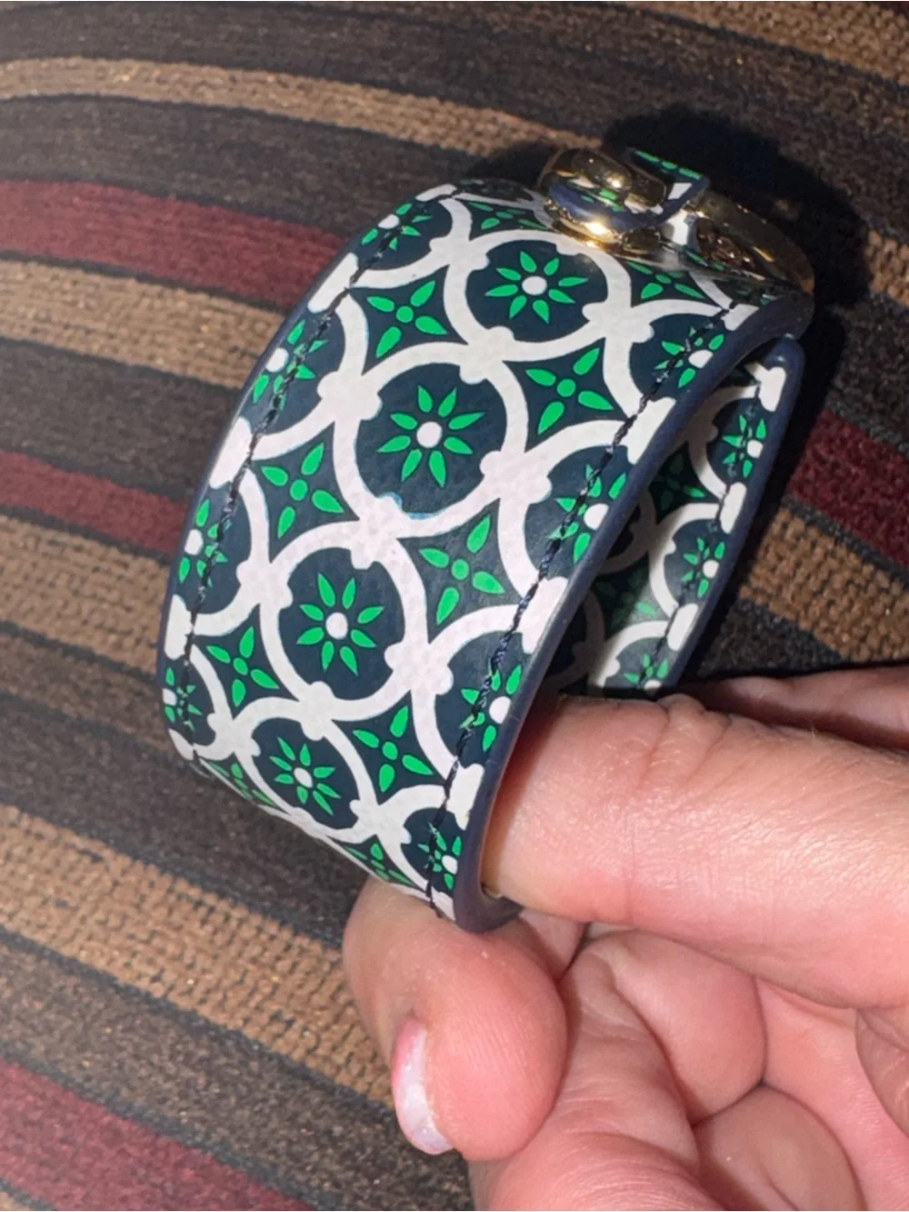 Tory Burch Green, White & Black Printed Leather Logo Cuff with Gold Logo